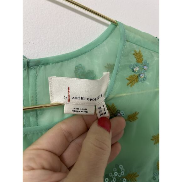 NWT ANthropologie Organza Beaded Top Sabine Green Embroidery Crop Sz 2 Puff - Picture 5 of 11